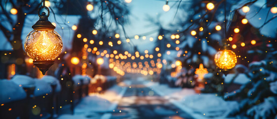 A winter wonderland at night, where Christmas trees and snow create a serene and festive holiday...