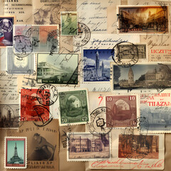 Collage of vintage postcards and stamps. 
