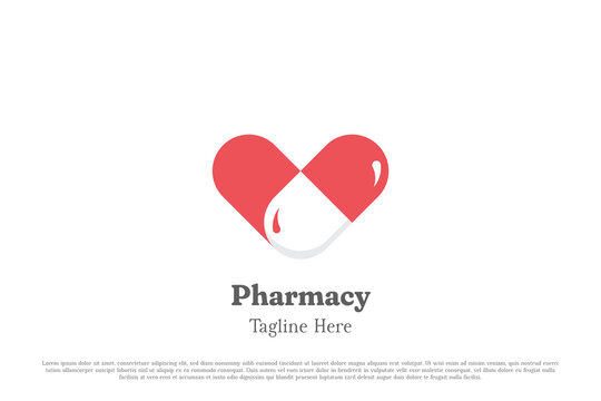 Love pharmacy logo design illustration. Silhouette of medicine medical health pill tablet pharmacy clinic doctor nurse wellness care. Simple minimal minimalist modern abstract creative icon symbol.