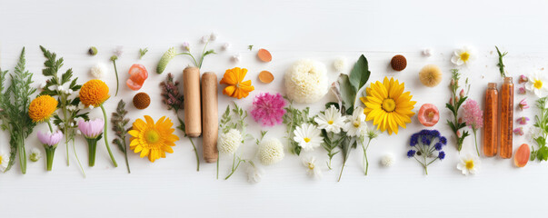 Pills with flowers on white table or isolated. health nature concept - obrazy, fototapety, plakaty