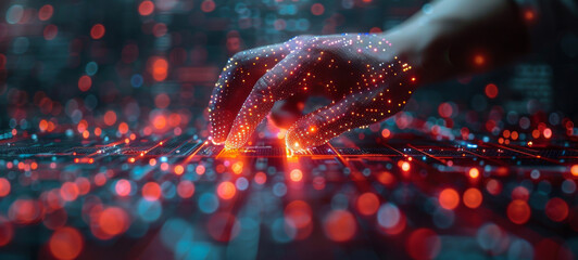 Illuminated smart glove touching a circuit board with glowing lights - obrazy, fototapety, plakaty