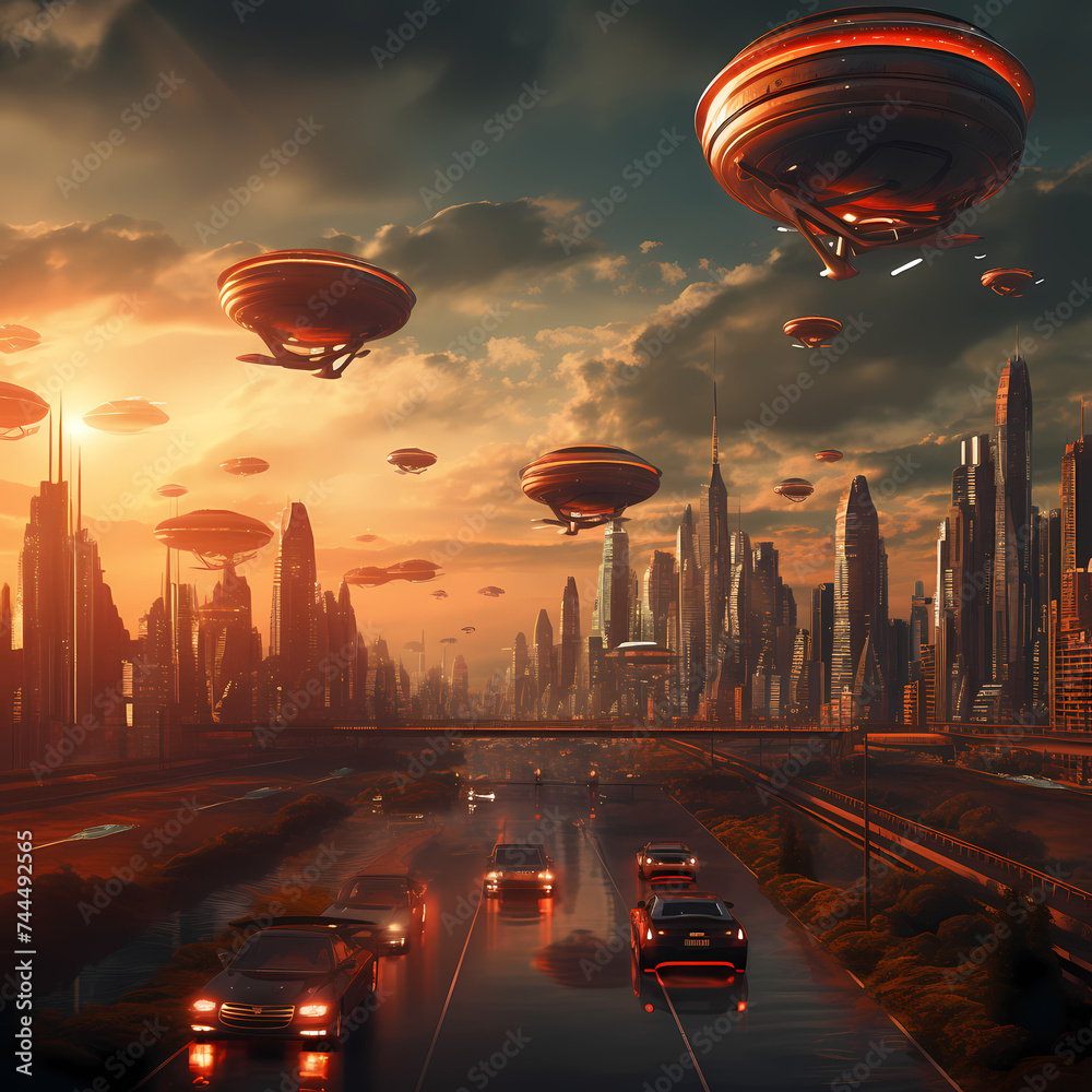 Sticker Dystopian city skyline with flying cars. 