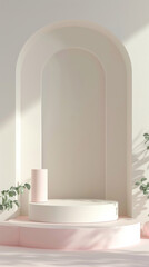 Elegant minimalist arch display in soft pastel colors with a decorative plant.