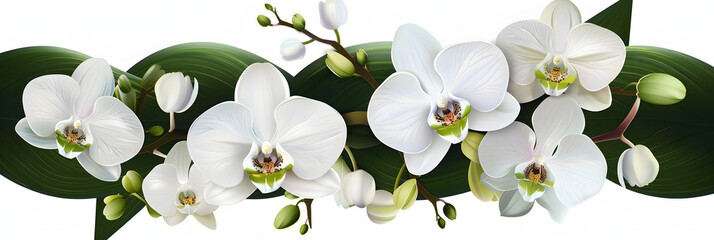 Set of white orchid flower branch with fresh green tropical leaves and elements 