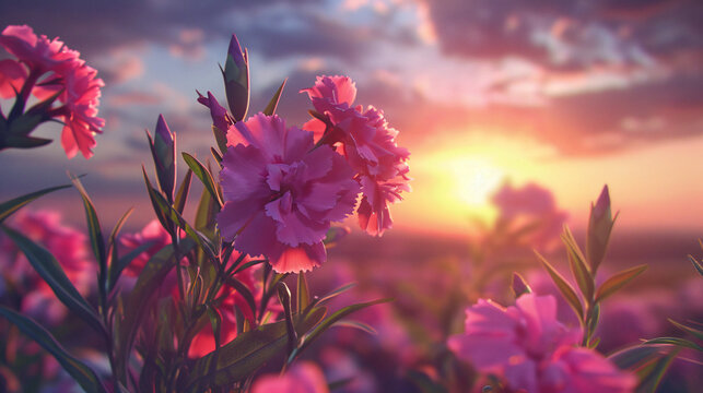 Dianthus blooms against a picturesque sunset backdrop. 