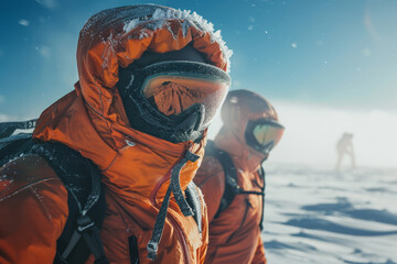 Mountain climbers in protective gear on a snowy trek, showcasing teamwork and determination. - obrazy, fototapety, plakaty