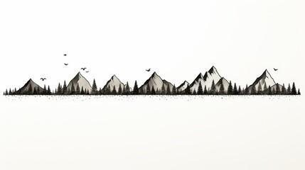 Hand drawn chain of mountains and peaks in black line on white background illustration - obrazy, fototapety, plakaty