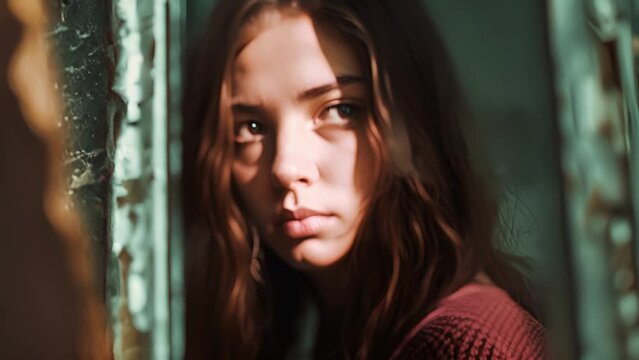 A teenage girl staring at her reflection in the mirror with a look of selfhatred a reflection of the negative selfimage that can result from childhood trauma, Young female Gazing Out of a Window, Lost