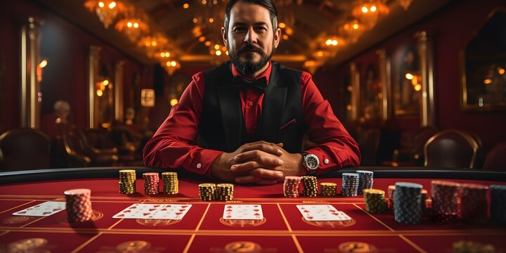 A professional Asian dealer reveals winning cards on a baccarat table. Concept Casino, Baccarat, Winning Cards, Asian Dealer, Professional