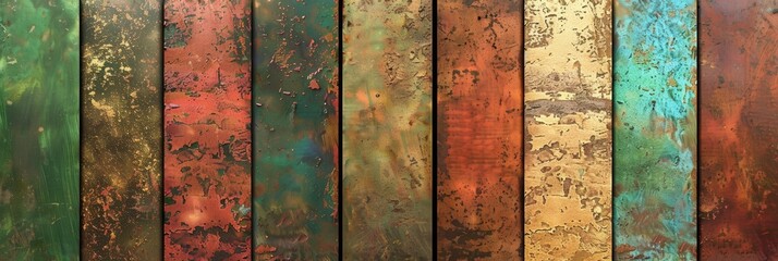 Abstract Design that gives the Impression of Textured Metallic Sheets Panels each with different Color - Panels in Greenish, Bronze, Rusty Red and Golden Hue created with Generative AI Technology