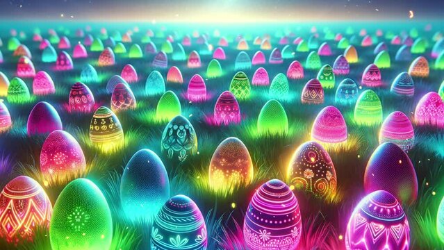 Easter eggs with neon pattern on the grass.