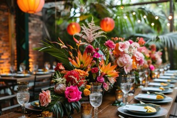 Tropical Table: Exotic Dining Decor. Exotic dining setup featuring a tropical floral arrangement, elegant glassware, and warm ambient lighting. - obrazy, fototapety, plakaty