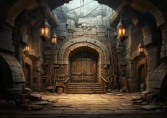 The courtyard of an ancient castle with large wooden doors.