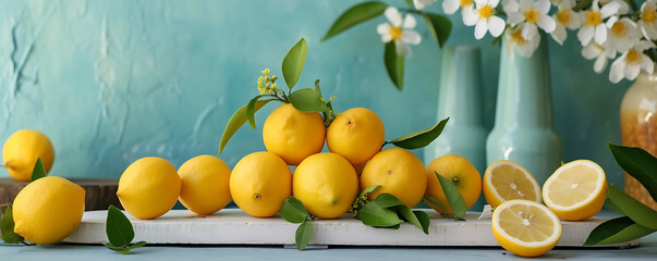 A citrus-themed podium featuring lemons, creating a refreshing and vibrant setting for product displays related to beauty or health.