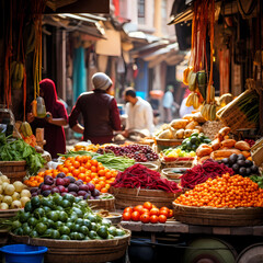Fototapeta na wymiar Vibrant market scene with fruits and vegetables.