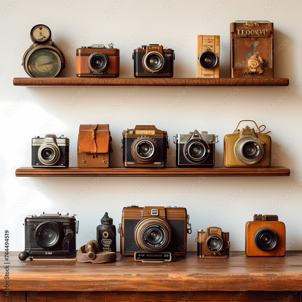 Poster Vintage camera collection on a wooden shelf. 