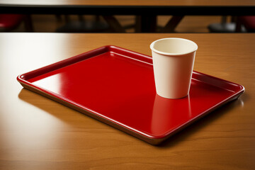 A simple white cup rests on an empty glossy red cafeteria serving tray on a wooden table