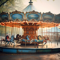Whirling carousel at a vintage amusement park.