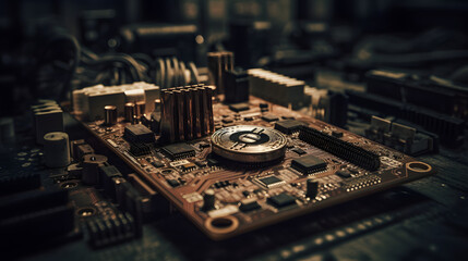 Fototapeta na wymiar a bitcoin on a circuit board