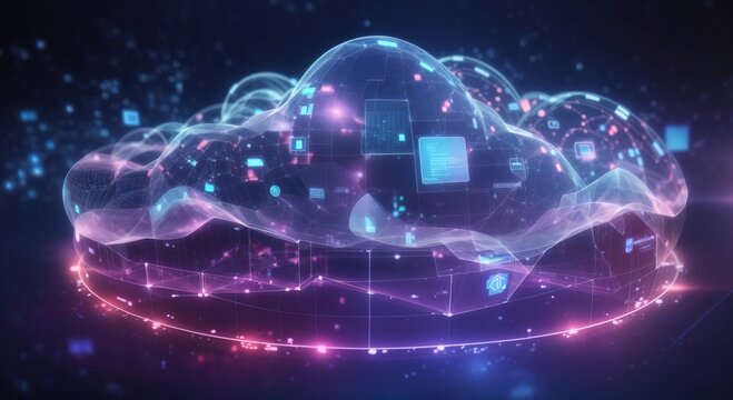 Digital technology cloud hologram with futuristic web information