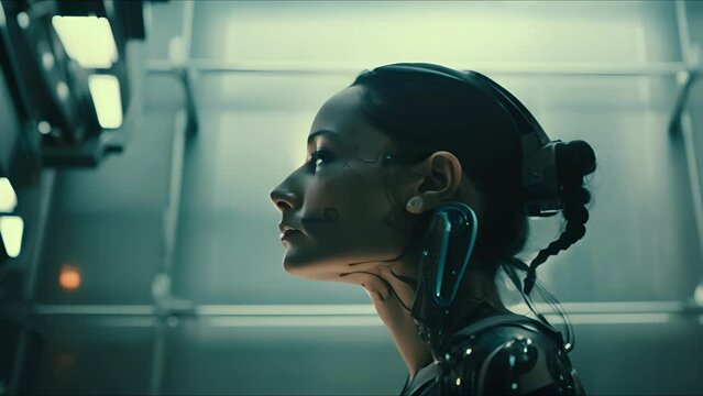 Beautiful cyborg girl on a technological background. Futuristic robot woman. Technology, robotics, artificial intelligence and future concept.