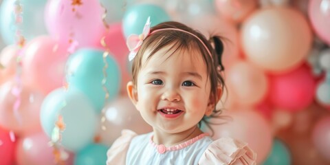 Fototapeta na wymiar exciting baby girl one year old birthday party 