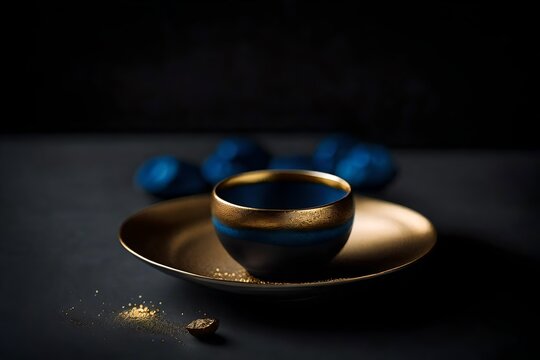 blue coffe cup ,  golden glitter and marbling effect , classy handcrafted ceramic