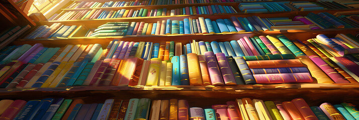 A close-up of a bookshelf overflowing with colorful books, with sunlight casting warm shadows across the pages.
