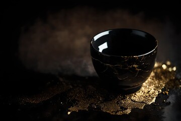 black bowl with golden  cracks and marbling effect, kintsugi technique - obrazy, fototapety, plakaty