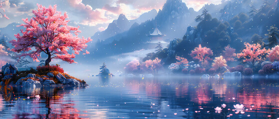 A serene lake nestled among mountains, reflecting the beauty of nature in a tranquil, misty morning landscape