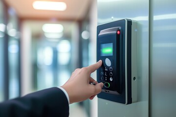 Businessman Using Fingerprint Scanner for Secure Office Entry