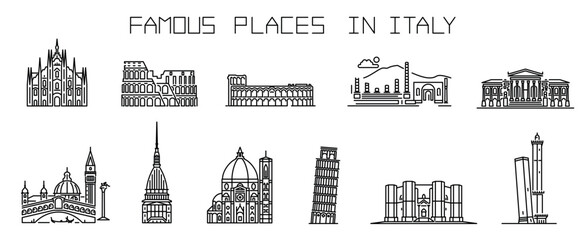 Italian landmarks icons set vector line illustrations with icon editable stroke - obrazy, fototapety, plakaty