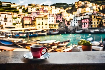 Fototapeta na wymiar cup of coffee on terrace in a beautiful italian village