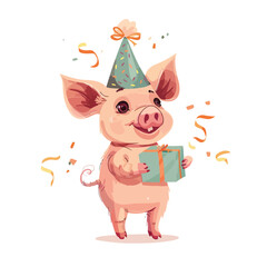 Cute little pig in party hat holding gift box funny