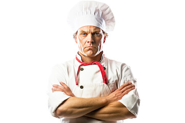 Angry male professional chef in service uniform, white background isolate.