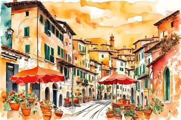 watercolor illustration of an Italian village