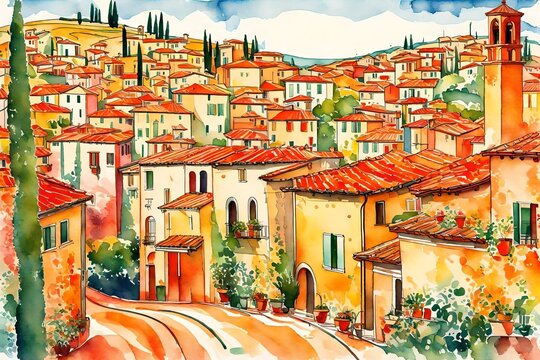 Fototapeta watercolor illustration of an Italian village