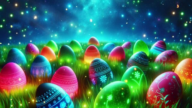 Easter eggs with neon pattern on the grass. Gold sparkles on the background.