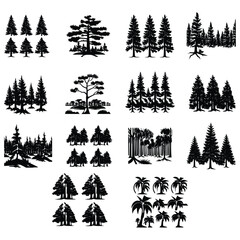 Black and white Vector illustration of a set of forest, trees, plants