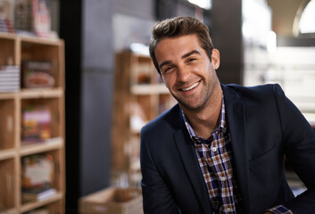 Smile, pride and portrait of businessman in office with positive, good and confident attitude....