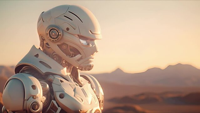 Combat robot in military metal armor. Futuristic cyborg security guard. Concept of technology, robotics, artificial intelligence and future.
