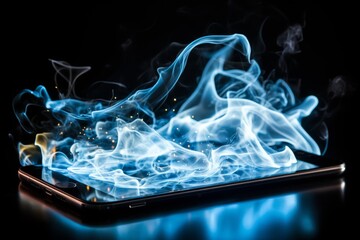 A glowing smartphone floating in mid air with light blue and yellow smoke in the background