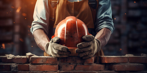 A worker building the wall on the house new Red Brick Wall Outdoor. - obrazy, fototapety, plakaty