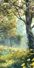 Springtime with Flowers with Tree and Flowers in the Style of Light Emerald and Yellow with Soft Focus Storybook like Rendering Background created with Generative AI Technology