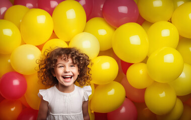 Fototapeta na wymiar Beautiful girl with yellow air balloons happy to get congratulations her birthday.