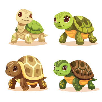 Cute turtle baby animals set. Tortoise reptilian ani