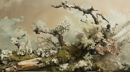 Enchanting Abstract North Nature Scene with a Composition of Lichen, Moss, and Old Snags on a Beige Background