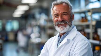 Fototapeta premium Experienced Chemist with a Welcoming Smile in Lab. Portrait of a senior male scientist with a friendly smile in a professional laboratory setting.