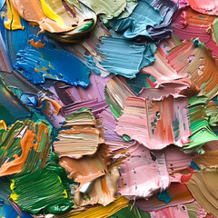 A close-up of a messy paint palette, displaying a range of vibrant colors and textures