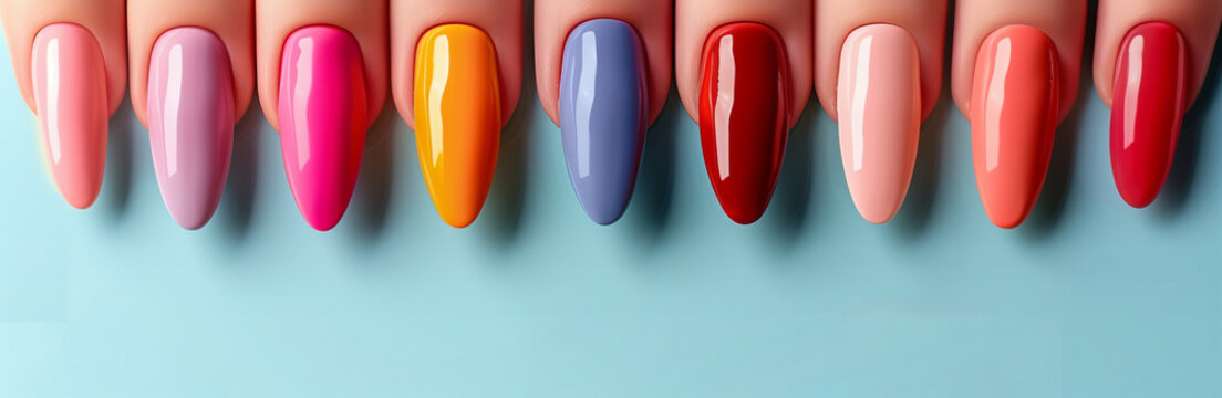 Different female nails with colourful manicure close up on blue background.